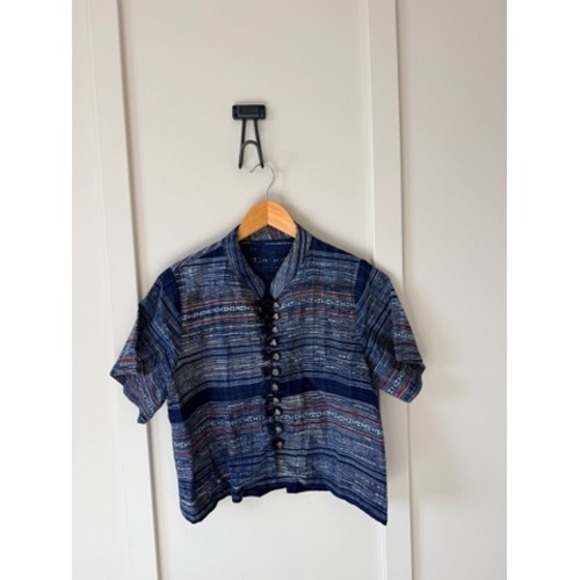 Handmade Tops - Indigo Cropped Blouse Silver Bell Button Mandarin Collar Boho Top Size Small